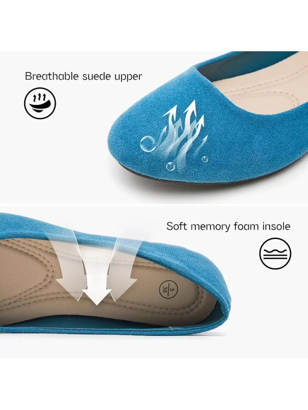 Women's Blue Grotto Round Toe Ballet Flats Comfortable Ballerina Dress Shoes
